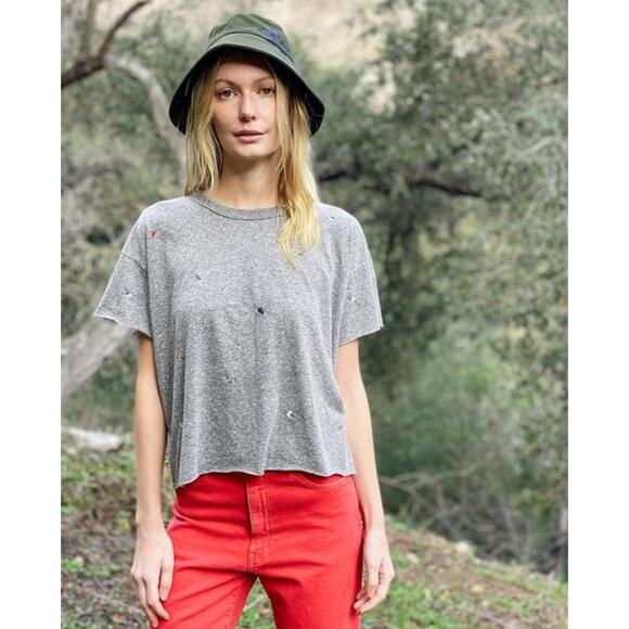 The Great. Cropped Tee Gray Tossed Floral Embroidery Short Sleeve Top XS - Picture 1 of 5